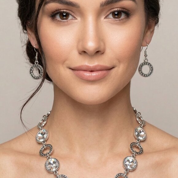 Silver Rhinestone Necklace & Earring Set - Picture 4 of 4